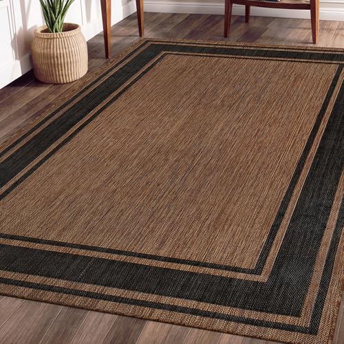 Outdoor Rug 8x10 Modern Bordered Area Rugs for Indoor and Outdoor Patio Deck Porch Garden Waterproof Weather Sun Resistant Washable Outside Carpet (80 Sq Ft)
