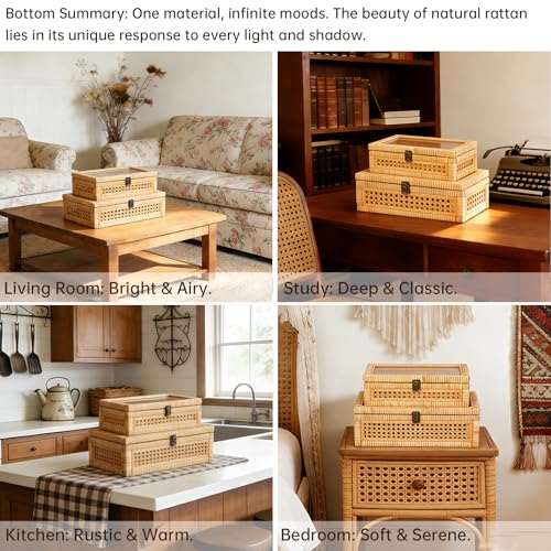 Rattan and Cane Stacking Boxes with Glass Top Lid