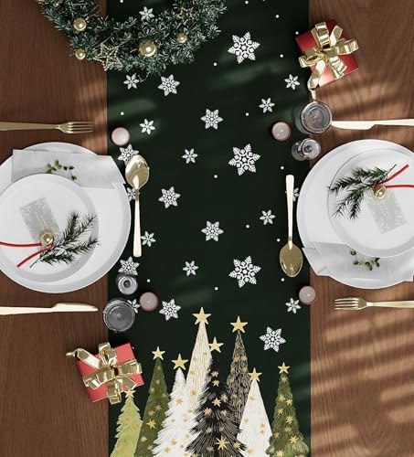 Christmas Table Runner Snowflakes Christmas Tree Home Decorations Green