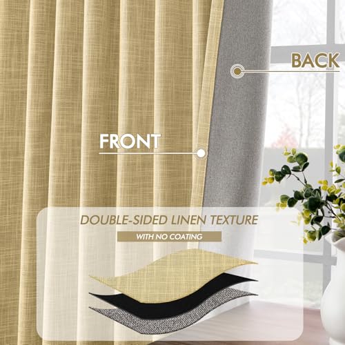 Yellow 100% Blackout Linen Curtains 90 Inch 2 Panels Set Double Sided No Coating Pleated Back Tab Black Out Long Thermal Insulated Pinch Pleat Bedroom Living Room Darkening Window Drapes (2 Count)