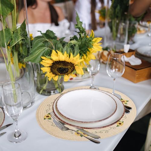 4Pcs Sunflower Embroidered Placemats Spring Summer Floral Round Place Mats Dinner Table Mats for Home Holiday Birthday Baby Shower Party Decor (4 Count)
