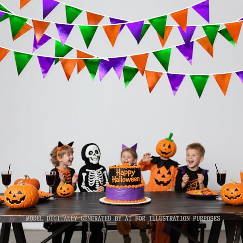 Halloween Party Decorations Metallic Fabric Green Orange Purple Triangle Pennant Banner Flag Bunting for Trick or Treat Spooky Hey Boo Happy Halloween Holiday Birthday Baby Shower Party Supplies (36 Count)