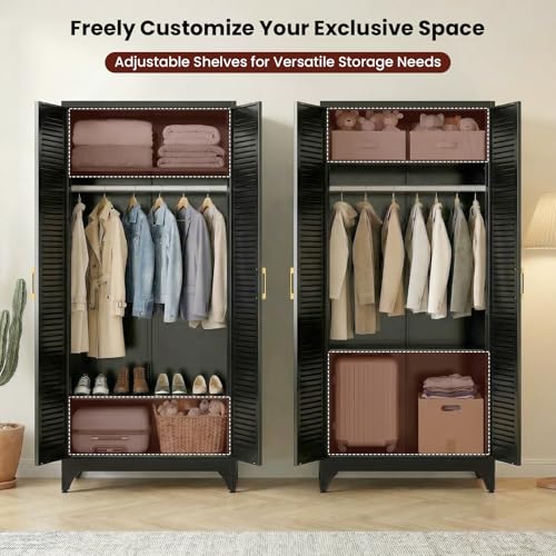 71" Tall Black Wardrobe Closet with Door and Adjustable Shelves