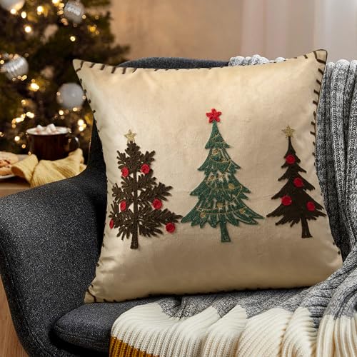 Christmas Tree Pillow Covers 18x18 Inch Gold Embroidered Tree Throw Pillows for Holiday Decorations