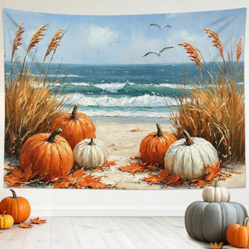 Coastal Fall Pumpkin Tapestry beach Landscape Wall Decor 80Wx60L Inch