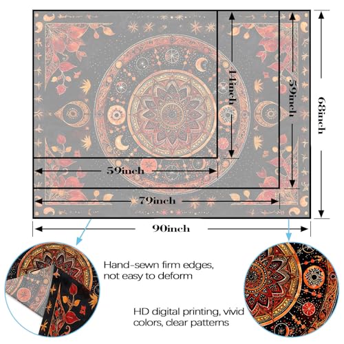 Mandala Moon and Stars Tapestry Boho Tapestry for Bedroom Black and Orange Tapestries Wall Hanging Living Room Wall Art and Home Decor 70x90