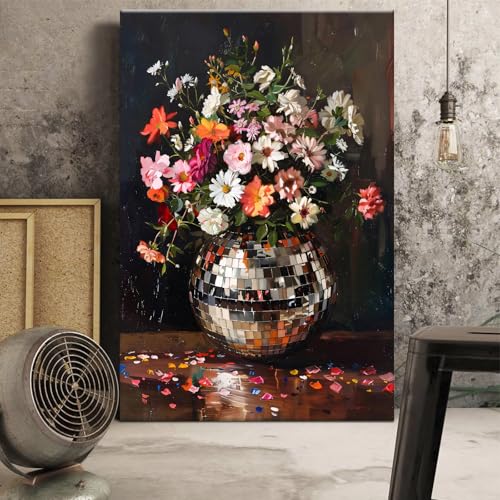 Colorful Moody Florals Disco Ball Canvas Wall Art