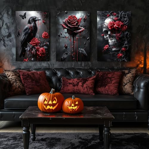 Wrapped Canvas Dark Goth Crow Rose Skull Wall Art Set of 3 (3 Count)