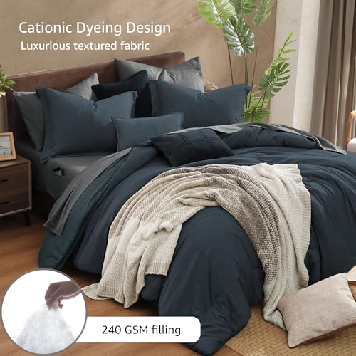 Full Comforter Set 7 Pieces Navy Blue Cationic Dyeing Bed in a Bag