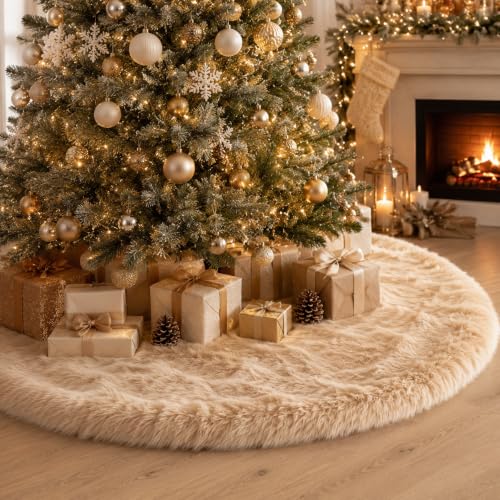 48 Inch Faux Fur Christmas Tree Skirt Beige Plush Skirt for Merry Christmas Party Christmas Tree Decoration