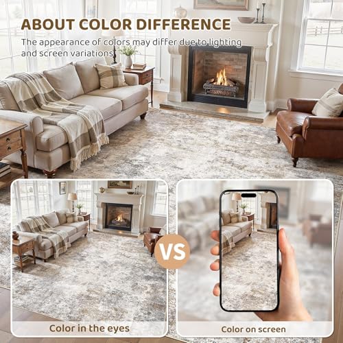 9x13 Area Rug Living Room Rugs Washable Neutral Brown Grey Carpet (24 Count)