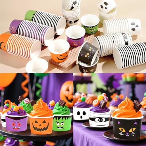 120 Pcs Halloween Ice Cream Cups 12 oz Disposable Ghost Pumpkin Cat Paper Dessert Snack Soup Bowls Halloween Yogurt Cup Containers for Hot or Cold Food Candies Baby Shower Birthday Party Supplies (120 Count)