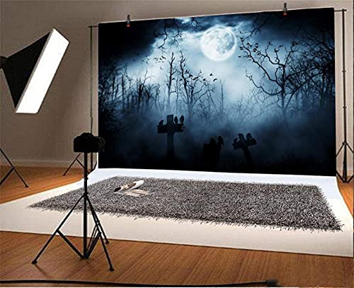 10x7ft Spooky Halloween Graveyard Backdrop Foggy Full Moon Horror Scene