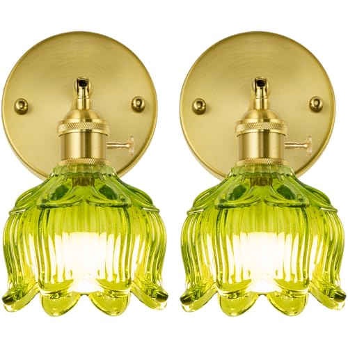 Vintage Wired Wall Sconce Set of 2 Hardwired Wall Light with Green Tulip Glass Shade (2 Count)