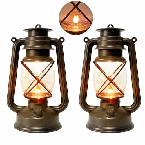 2 Pack LED Vintage Lantern Battery Powered Lanterns with Flame Wick Waterproof Camping Lamp Vintage LED Flame Lamp Hanging Lantern Lights Landscape Patio Garden Pathway Decor for Indoor (2 Count)