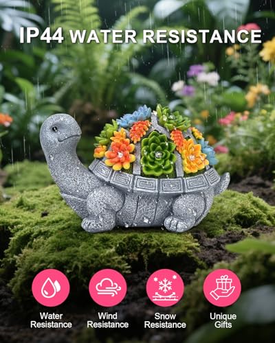 Solar Turtle Statue Garden Decor for Outside with Succulents & 7 LED Lights