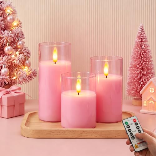 Pink Glass Flameless LED Candles Battery Operated with Remote Timer (3 Count)