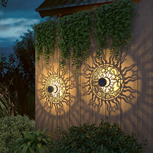 2 Pack Solar Fence Lights Metal Solar Powered Outdoor Wall Deck Lights Sun Moon Theme Waterproof Fence Light for Garden Post Patio Backyard Yard Decor (2 Count)