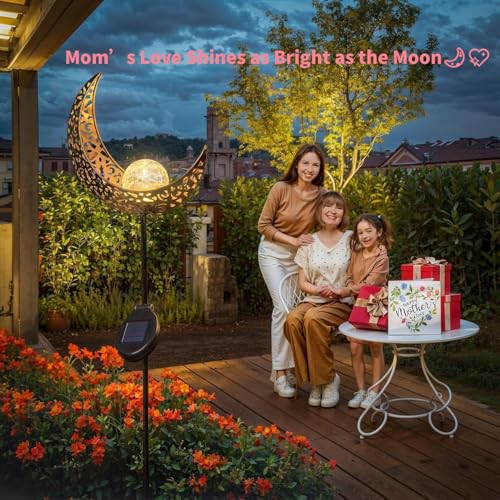 Moon Solar Lights Garden Outdoor Decor Waterproof Metal Solar Stakes Lights for Patio Yard Walkway Lawn Patio Mothers Garden Gifts Mom Wife Grandma