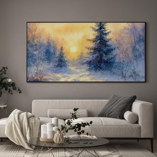 24"x46" Extra Large Framed Wall Art Winter Sunrise in Snowy Pine Forest Watercolor Style for Home Living Room Bedroom Decor