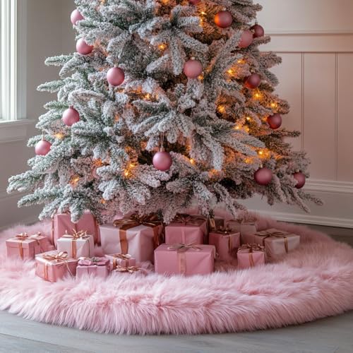 48 Inch Faux Fur Christmas Tree Skirt Pink Plush Skirt for Merry Christmas Party Christmas Tree Decoration