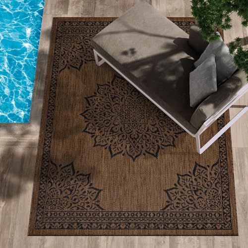 Outdoor Rug 5x7 Medallion Nut Brown Black Modern Area Rugs for Indoor and Outdoor Patios