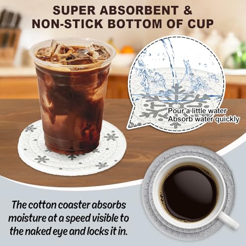 Winter Snowflake Handmade Braided Cotton Coasters Christmas Grey Snowflake Drink Coasters Absorbent Cup Coasters for Xmas Party Home Office Decor (4 Count)