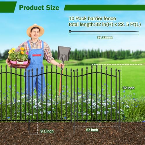 No Dig Garden Fence 32" H x 22.5'L with Gate Decorative Yard Dog Panels (6.32 Sq Ft)