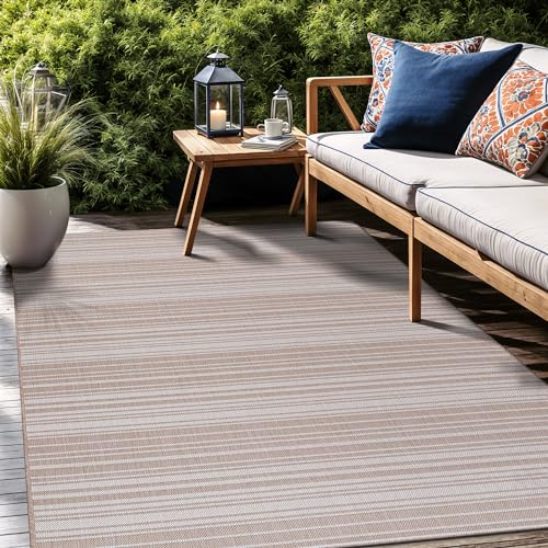 Stripe Outdoor Rug 10x14 Washable Outside Carpet for Indoor Patio Porch Waterproof Easy Cleaning Non Shedding Area Rugs Beige 10 x 14 (144 Sq Ft)