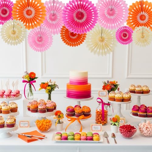 Honeycomb Round Paper Fans Pink Orange White Hanging Party Decor (12 Count)