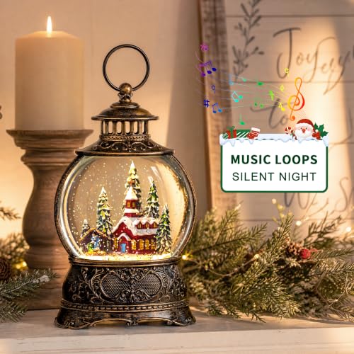 Christmas Snow Globes Christmas Water Lantern with Church & Nativity Scene Music & 6H Timer USB Lined