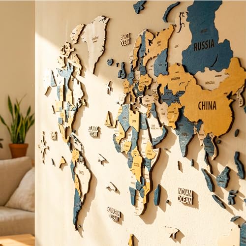 3D Wooden World Map Wall Art