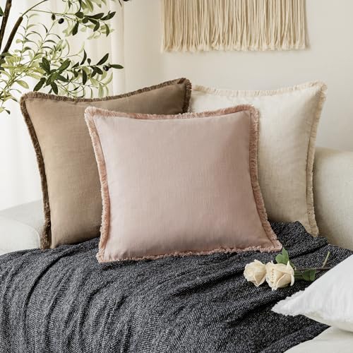 Decorative Linen Fringe Throw Pillow Covers 18×18 Light Pink (2 Count)