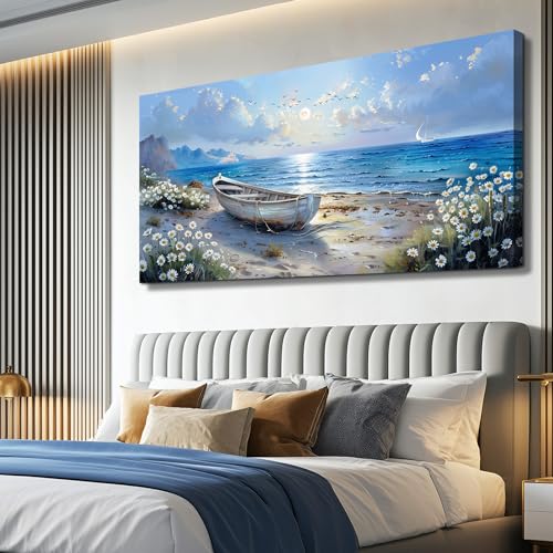 Large Wall Art For Living Room Canvas Wall Decor For Bedroom Office White Flower Seaside Landscape Painting Farmhouse Decorations Wall Pictures Artwork Ready To Hang Home Decor 24"X48"