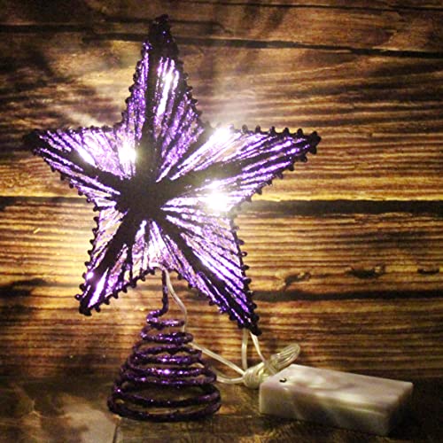 Purple Glittered 3D Tree Top Star with Warm White LED Lights and Timer for Christmas Tree Decoration and Holiday Seasonal Décor