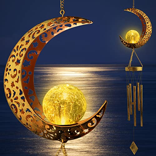 Solar Moon Wind Chimes for Outside Unique Birthday Mom Gifts for Women Mom Grandma Crackle Glass Ball LED Wind Chimes Solar Lights Outdoor Decor Light for Garden Patio Yard