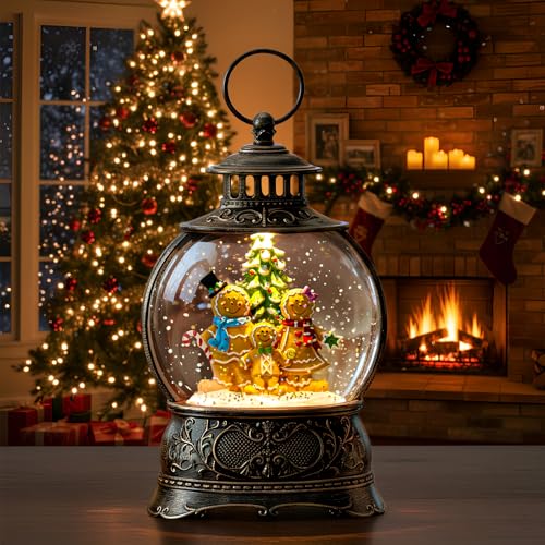 Christmas Snow Globe Lantern Water Glittering Gingerbread Family with Music& Timer