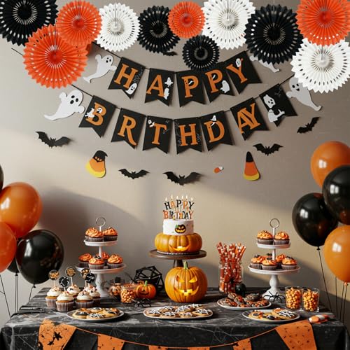 Honeycomb Round Paper Fans Black Orange Hanging Party Decoration (11 Count)