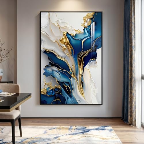 Extra Large Framed Blue White and Gold Abstract Wall Art