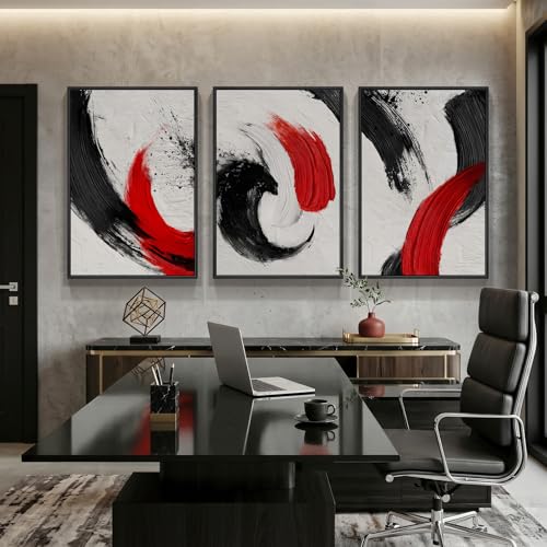 Large Framed Red Black White Abstract Wall Art for Living Room (3 Count)