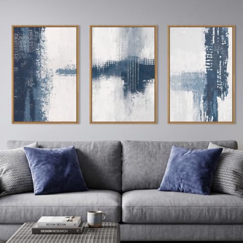 Abstract Navy Blue Grey Framed Canvas Wall Art Set