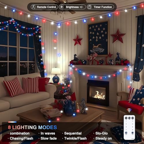 Connectable 33ft 100 LED Red White and Blue Lights Indoor Outdoor