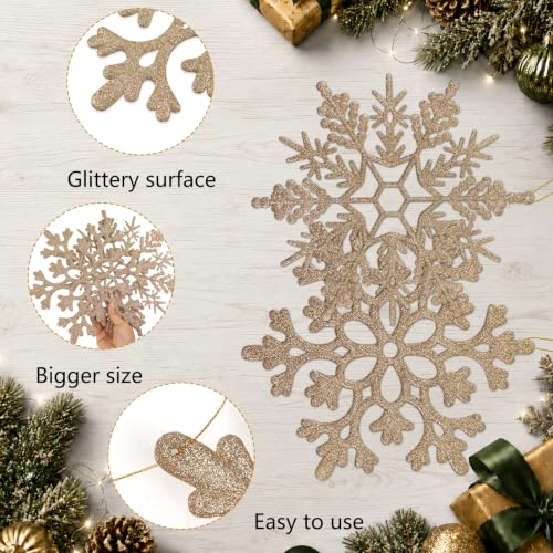12pcs Large Champagne Gold Snowflakes Ornaments 12” Big Plastic Glitter Snowflake for Winter Indoor Outdoor Christmas Tree Window Room Decorations Giant Craft Snowflakes (12 Count)