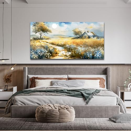 Wildflower Field Landscape Painting Modern Canvas Print Wall Art Rural Field Mural Artwork Living Room Dining Room Wall Decoation For Bedroom Office Farmhouse Home Decoration 24x48 Inches
