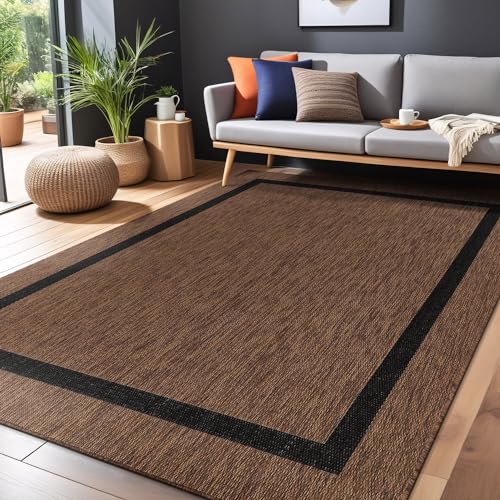 Bordered Outdoor Rug 8x10 Washable Outside Carpet for Indoor Patio Porch Waterproof Easy Cleaning Non Shedding Area Rugs Nut Brown