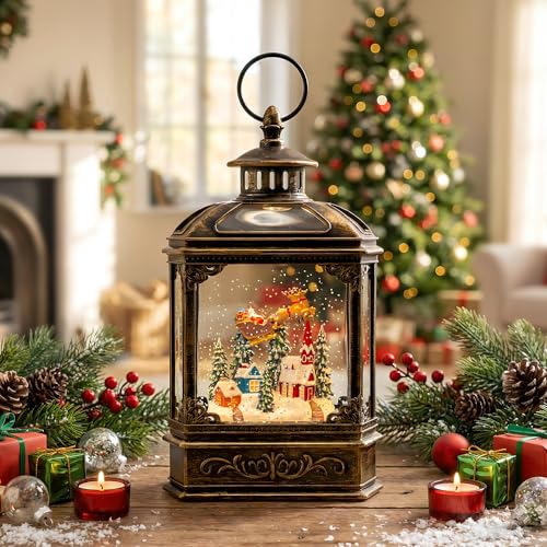 Christmas Snow Globe Swirling Glittering Lantern Santa Flying with Reindeer