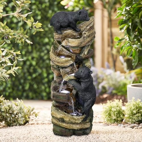 39.3 Inch 5 Tier Outdoor Garden Water Fountain Bears Climbing Tree Resin Fountain with LED Lights for Garden Patio Folding Patio Deck