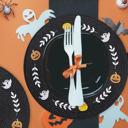4 Pcs Round Halloween Placemats Embroidered Ghost Pumpkin Candy Corn Place Mats Black Spooky Dinner Table Mats for Halloween Holiday Trick or Treat Party Table Decor (4 Count)