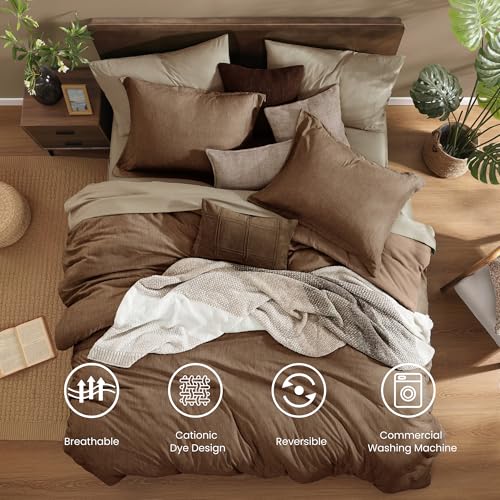 Queen Comforter Set 7 Pieces Brown Cationic Dyeing Bed in a Bag
