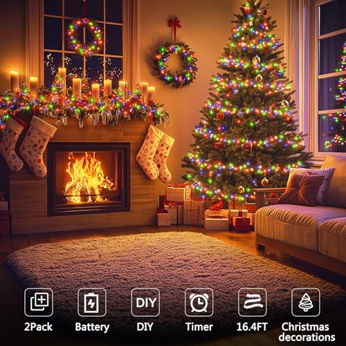 2 Pack 16.4FT Christmas Fairy Lights Battery Operated With Waterproof (100 Count)
